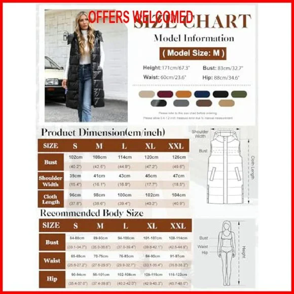 Women's Long Puffer Vest Sleeveless Jacket Zip Up Hooded Quilted